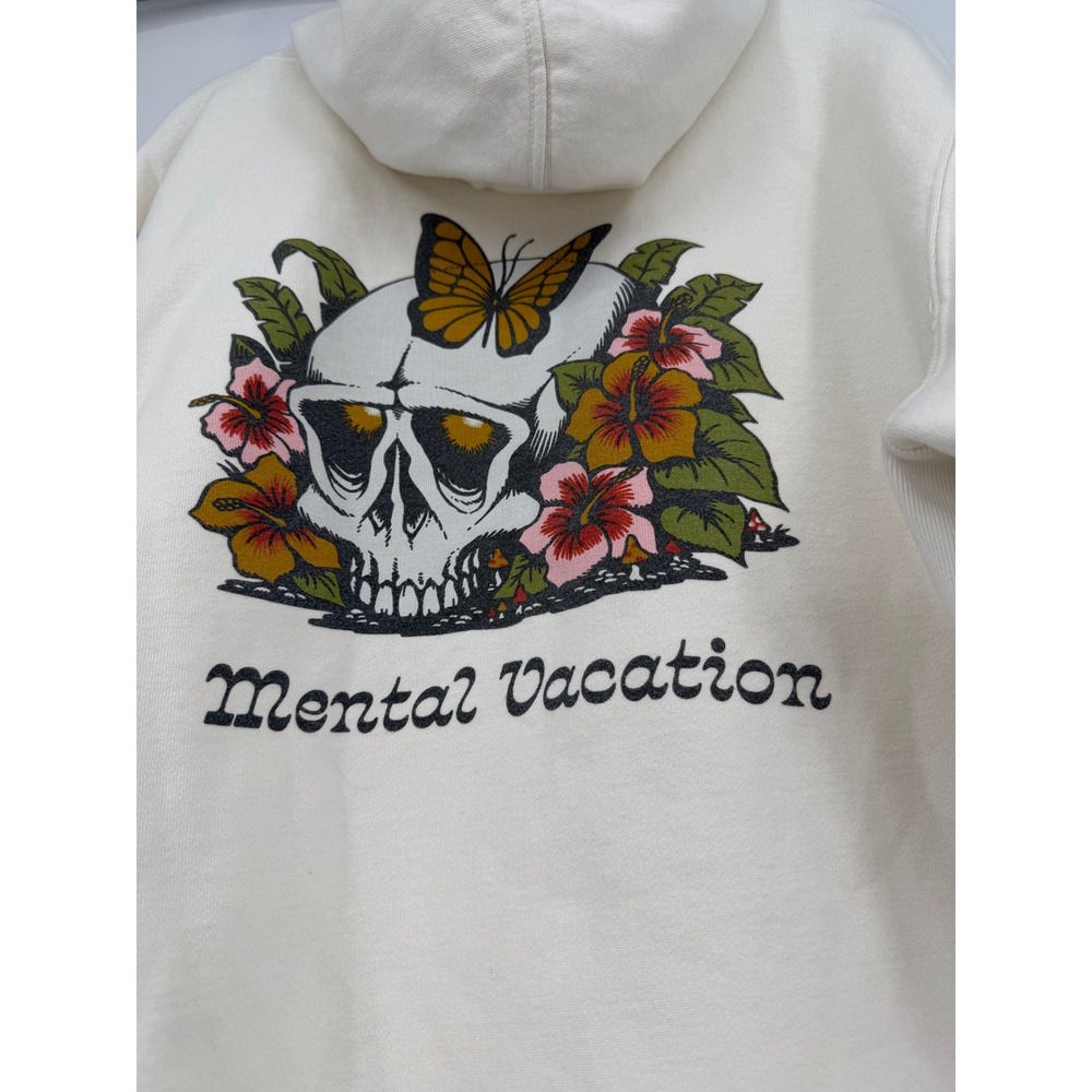 Katin Mental Vacation Hoodie Cream Skull Butterfly Graphic Sweatshirt Medium